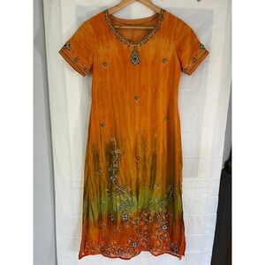 Orange Green Ombre Beaded Sequin Floral Embroidered Tunic Kurti Dress